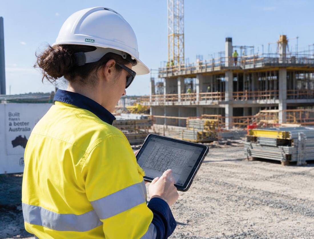 Site worker reviewing plans — trade and construction insurance